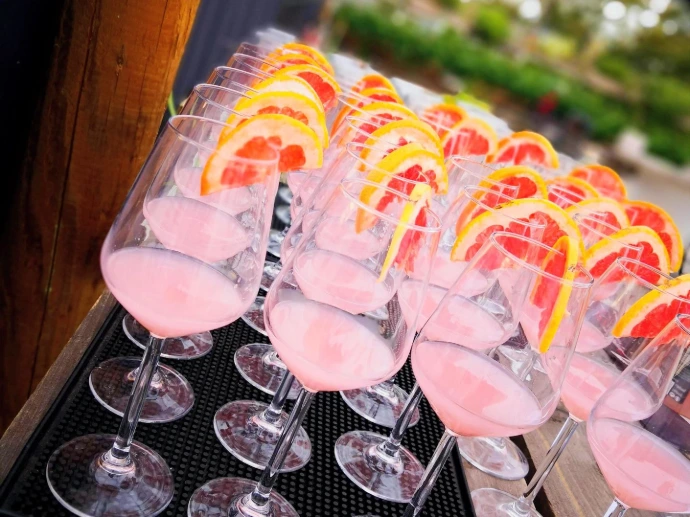 Rij met kleurrijke cocktails of mocktails voorzien van gedroogde sinaasappel.