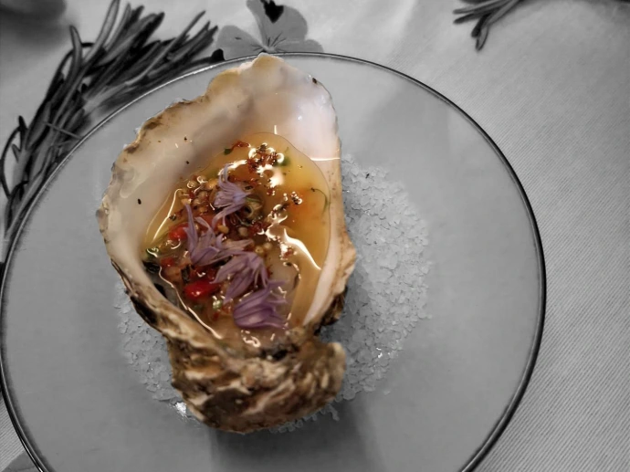 Luxe oestergerecht met verfijnde garnering op een grijs bord.